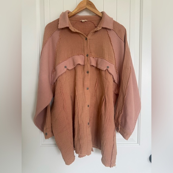 POL Lagenlook Waffle Knit Gauze Oversized Button Down Shacket Top Medium - Picture 2 of 9